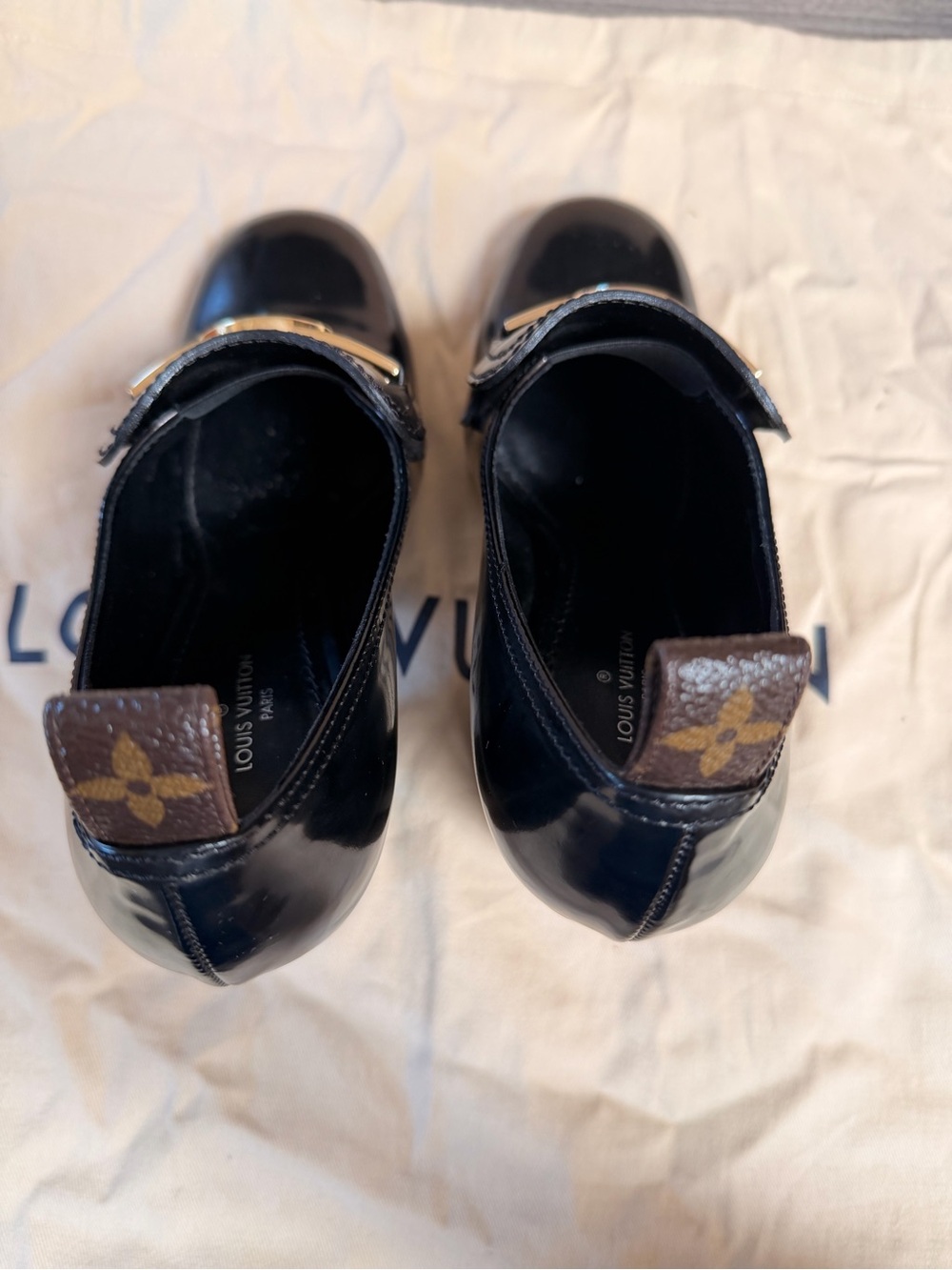 Louis Vuitton Black Patent Leather Heeled Loafers with Gold LV Hardware - Picture 6 of 14